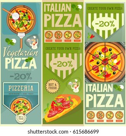 Traditional Italian Food Vertical Banners Set - Pizza. Top View. Retro Style. Vector Illustration.