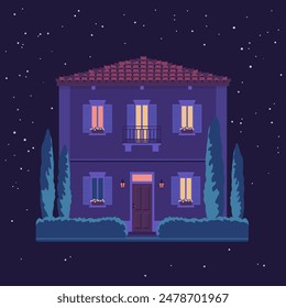 Traditional Italian house. Mediterranean architecture. Tuscany. Summer in the European countryside. The starry sky. Vector flat illustration