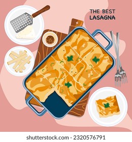 Traditional Italian lasagna in a casserole dish on a wooden chopping board. Plate and fork colorful background, top view.