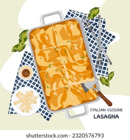 Traditional Italian lasagna in a casserole dish on napkins plate and fork-colored background, top view.