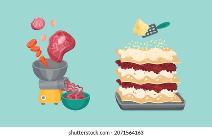 Traditional Italian Lasagna Cooking Process Set. Grinding Food In Meat Grinder And Tasty Dish Served On Plate With Sauce Vector Illustration