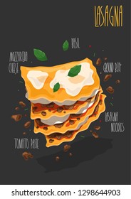 Traditional Italian Lasagna with minced meat and tomato sauce. Vector illustration