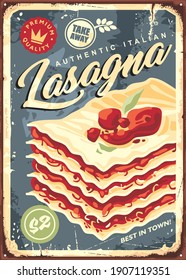 Traditional Italian lasagna vintage tin sign vector illustration. Gourmet lasagna in tomato sauce and beef ground meat. Restaurant menu dish retro advertise.