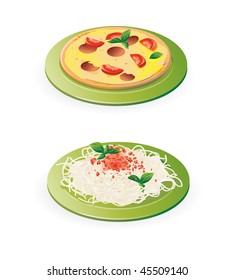 traditional italian meals - pasta and pizza - vector illustration isolated on white