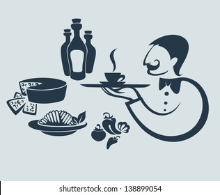 traditional Italian menu: waiter and vector collection of food and beverages symbols