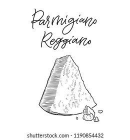 traditional Italian parmesan cheese triangle vintage engraving illustration with its name calligraphy