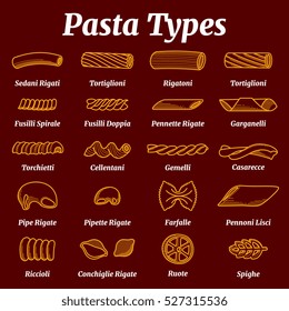 Traditional italian pasta list with names vector set.