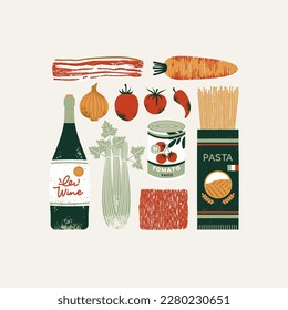 Traditional Italian pasta sauce ingredients. Pasta Bolognese. Wine with spaghetti and celery with ground meat and tomato paste. Textured vector illustration.