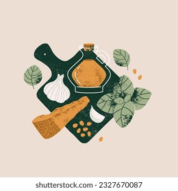 Traditional italian pesto sauce ingredients. Parmesan cheese with basil and garlic. Vector illustration.