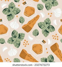 Traditional italian pesto sauce ingredients seamless pattern. Parmesan cheese with basil and garlic. Vector illustration