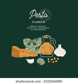 Traditional italian pesto sauce ingredients. Parmesan cheese with basil and garlic. Dark design template. Vector illustration