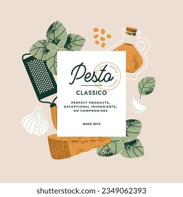 Ingredientes tradicionales italianos de salsa de pesto. Queso parmesano con albahaca y ajo. Plantilla de diseño de etiquetas.