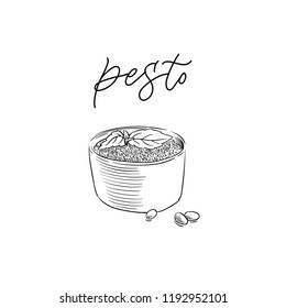 traditional Italian pesto sauce vintage engraving illustration with its name calligraphy