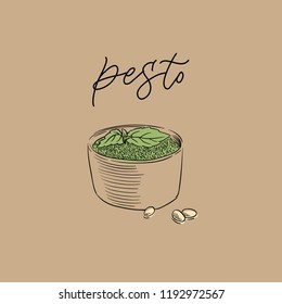 traditional Italian pesto sauce vintage engraving illustration with its name calligraphy on craft paper background