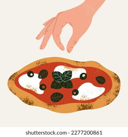 Traditional italian pizza. A hand decoration pizza with basil leaves. Textured vector illustration