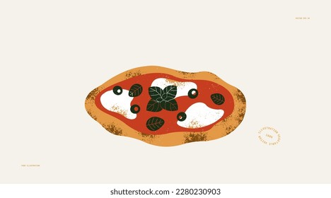 Traditional Italian pizza. Pizza Margherita with mozzarella cheese and basil with olives. Textured vector illustration