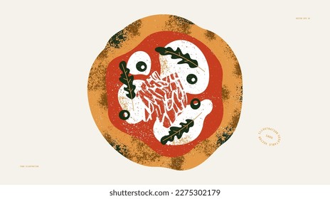 Traditional Italian pizza. Pizza with mozzarella cheese and rocket salad with olives and prosciutto. Textured vector illustration. 