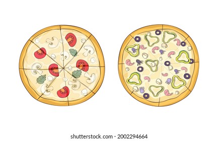 Traditional Italian Pizza of Round Shape with Seafood and Mushrooms Above View Vector Set