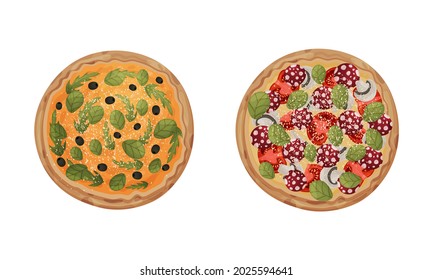 Traditional Italian Pizza of Round Shape with Salami and Tomato Above View Vector Set