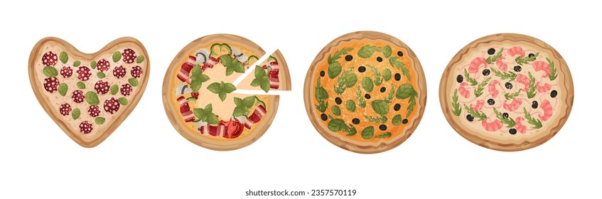 Traditional Italian Pizza of Round Shape with Topping Vector Set