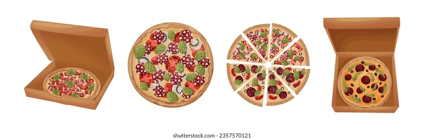 Traditional Italian Pizza of Round Shape with Topping Vector Set