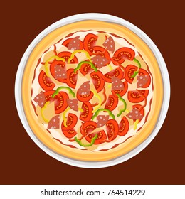 Traditional Italian pizza with tomato, sausage and pepper on a large plate. Vector illustration