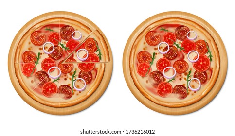 Traditional italian pizza Top view. Realistic pizza with tomato, cheese, olive, pepperoni, onion, basil. Isolated european snack. vector illustration.