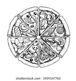 Traditional Italian pizza top view. Different pizza slices. Hand drawn sketch style. Margherita, seafood, vegetarian, Pepperoni etc. Best for package and menu design. Vector illustration.