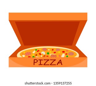 Traditional Italian Pizza Vector Flat Illustration. Pepperoni in Open Cardboard Box. Pastry with Meat and Vegetables. Salami, Peas, Mushrooms Flavour. Cartoon Pizzeria, Restaurant Food