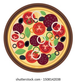 Traditional Italian pizza, vegetables, ingredients. View from above.