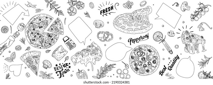 Traditional Italian pizza, vegetables, ingredients on dark background. Pizza menu.Top view. Vector illustration. Engraved design. Space for text.