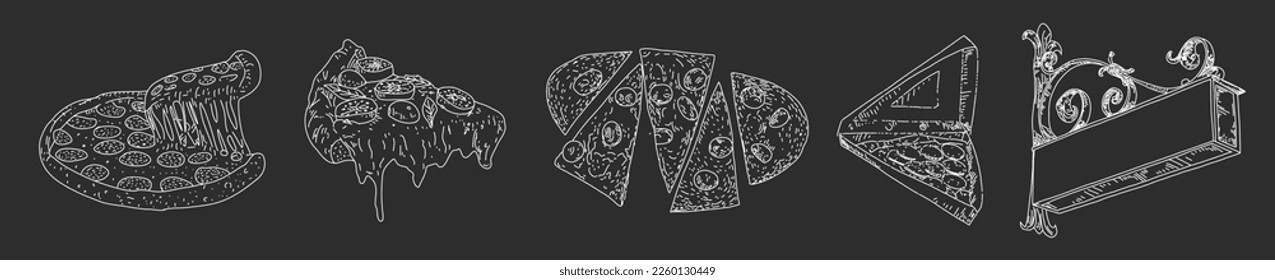 Traditional Italian pizza, vegetables, ingredients on dark background. Pizza menu.Top view. Vector illustration. Engraved design. 