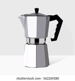 Traditional Italian style coffee maker. Vector realistic moka pot icon. Retro espresso machine symbol design. Vintage object 3d illustration