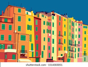 Traditional itallian houses in small village in Liguria, Italy. Handmade drawing vector. 