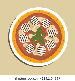 Traditional italy pizza in the italian national colours green, white,red. With rocket salad, parmesan, and tomato topping isolated on white Plate. Food illustration Cartoon for poster design