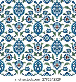 Traditional Iznik floral seamless pattern with turquoise and blue arabesque motifs