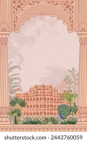 
Traditional Jaipur architecture, arch, garden, peacock, plant, tree illustration frame