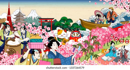 Traditional japan cheery blossom viewing scene in ukiyo-e style