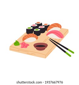 Traditional Japan food, fresh fish and rice design element. Soy sauce, wasabi, ginger with chopsticks in cartoon style. Sushi set on bamboo board isolated vector illustration. 