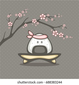 Traditional Japan food illustration. Cute rools and sakura branch.