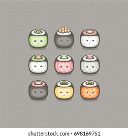 Traditional Japan food illustration. Cute seafood rolls set. Design for sushi menu and logo.