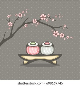 Traditional Japan food illustration. Seafood rolls and sakura branch. Design for sushi menu and logo.