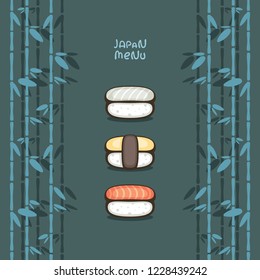 Traditional Japan food illustration. Sushi set on bamboo background. Design for japan  menu and logo. 