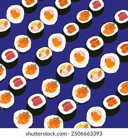 Traditional Japan food. Set of various flat vector sushi. Sushi pattern on a blue background