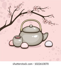 Traditional Japan food vector illustration. Mochi and sakura tea. Japan sweets with sakura branch. Season meal. Menu decoration and sweet-shop logo.