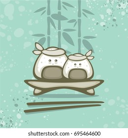 Traditional Japan food vector illustration. Cute onigiri on bamboo background. Design for oriental menu and sushi restaurant logo.