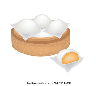 Traditional Japan, Illustration of Chinese Steamed Bun Stuffed With Custard Cream in Bamboo Basket or Chinese Bamboo Steamer. 