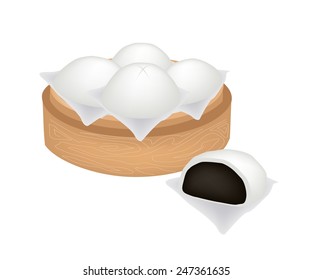 Traditional Japan, Illustration of Chinese Steamed Bun Stuffed With Sweet Black Bean Cream in Bamboo Basket or Chinese Bamboo Steamer. 