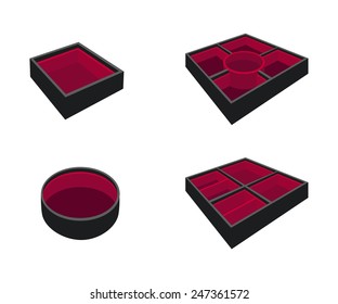 Traditional Japan, Illustration Collection Of Empty Bento Box Or Multi-Layered Box Made Of Plastic, Metal Or Wood For Serving A Japanese Meal. 