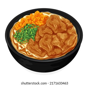 Traditional japanese abura udon noodle bowl with beef, tempura bits, and onion spring roll. Japanese niku udon noodles isolated on white background illustration vector.